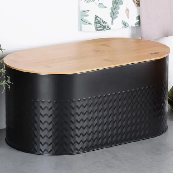 Brødkasse i stål med træplade, sort, 34x18,5x15,5 cm Sale