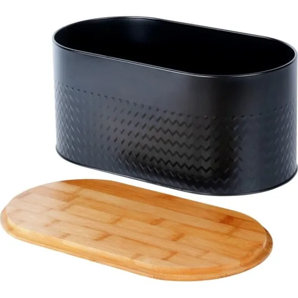 Brødkasse i stål med træplade, sort, 34x18,5x15,5 cm Sale