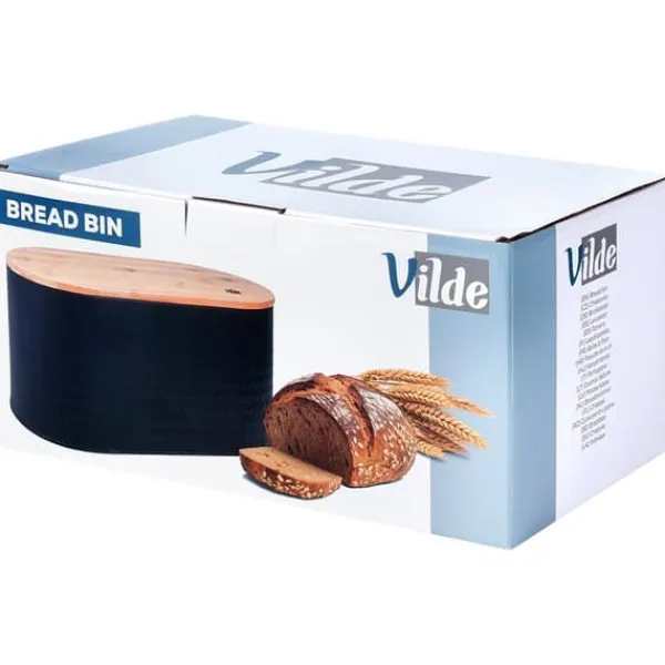 Brødkasse i stål med træplade, sort, 34x18,5x15,5 cm Sale