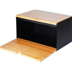 Brødkasse i træ og metal, sort, dobbelt låg, 35,5x22x20,5 cm Sale