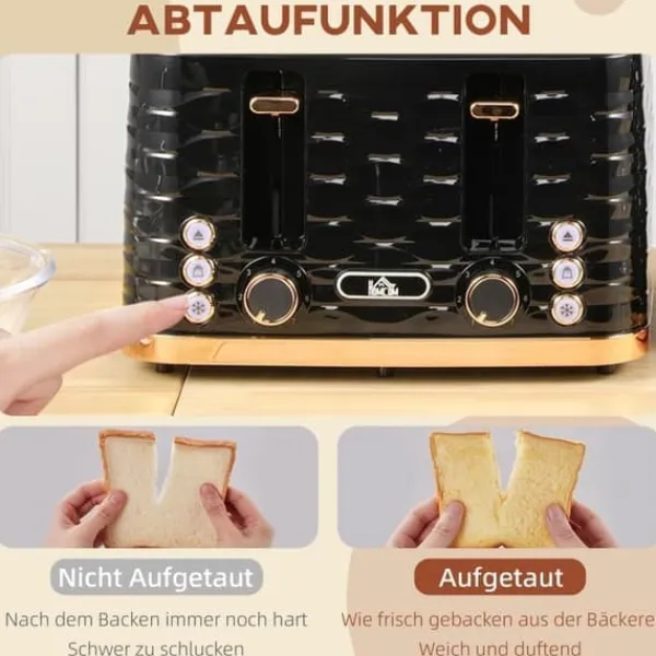 Brødristere, Raclettegrills Og Sandwichtoastere>Brødrister med 4 skiver, bølgeformet design, flere funktioner, krummebakke, sort