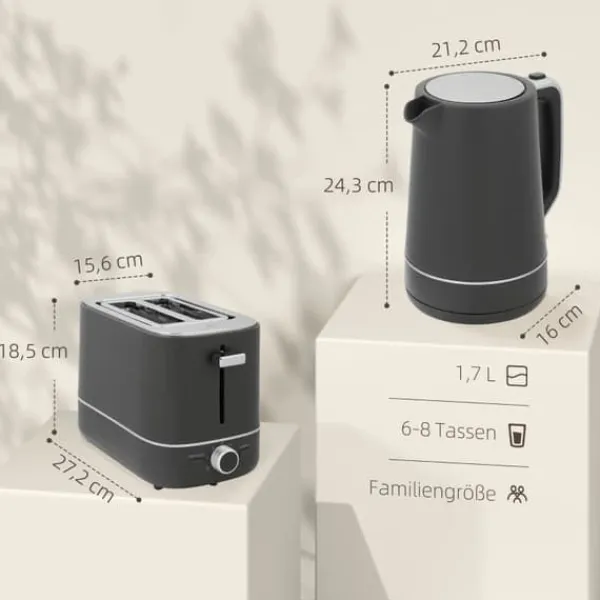 Brødristere, Raclettegrills Og Sandwichtoastere>Brødrister og kedelsæt, 1,7 l, 6 risteindstillinger, grå