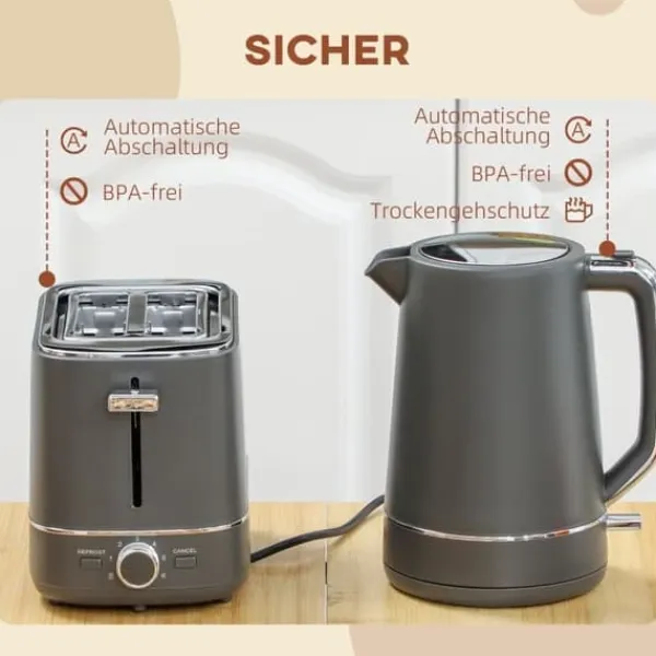 Brødristere, Raclettegrills Og Sandwichtoastere>Brødrister og kedelsæt, 1,7 l, 6 risteindstillinger, grå