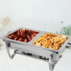 Buffetvarmer - Chafing Dish med stativ - 7,5 l - Rustfrit stål - Madbakke 27×34×6,8 cm - 55,7×34×38,3 cm - Brænderpasta - Sølv Hot