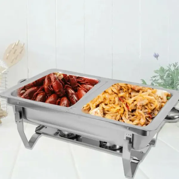 Buffetvarmer - Chafing Dish med stativ - 7,5 l - Rustfrit stål - Madbakke 27×34×6,8 cm - 55,7×34×38,3 cm - Brænderpasta - Sølv Hot