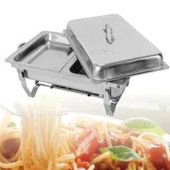 Buffetvarmer - Chafing Dish med stativ - 7,5 l - Rustfrit stål - Madbakke 27×34×6,8 cm - 55,7×34×38,3 cm - Brænderpasta - Sølv Hot