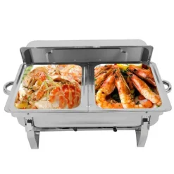 Buffetvarmer - Chafing Dish med stativ - 7,5 l - Rustfrit stål - Madbakke 27×34×6,8 cm - 55,7×34×38,3 cm - Brænderpasta - Sølv Hot