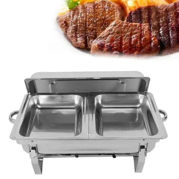 Buffetvarmer - Chafing Dish med stativ - 7,5 l - Rustfrit stål - Madbakke 27×34×6,8 cm - 55,7×34×38,3 cm - Brænderpasta - Sølv Hot