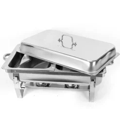 Buffetvarmer - Chafing Dish med stativ - 7,5 l - Rustfrit stål - Madbakke 27×34×6,8 cm - 55,7×34×38,3 cm - Brænderpasta - Sølv Hot