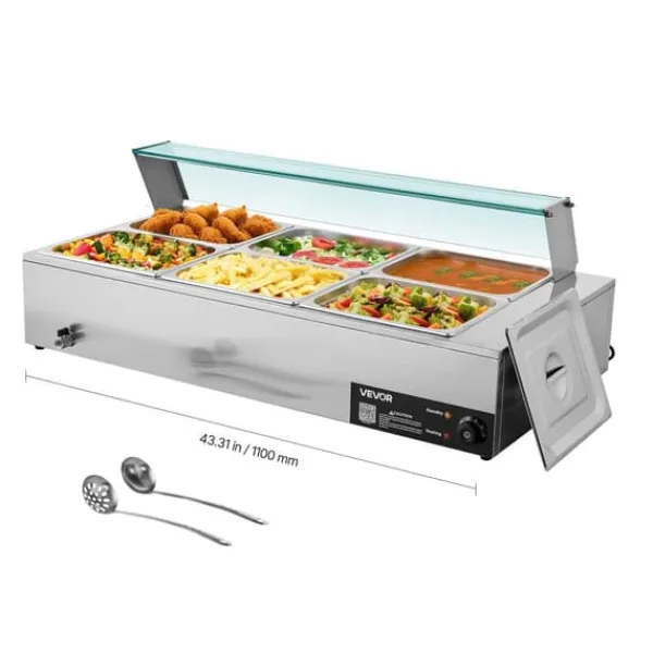 Madopvarmere>Buffetvarmer - Elektrisk Bain Marie Vandbad - 1500 W - Rustfrit Stål - Glaslåg - 6 x GN 1/2 Bakker - Til Catering