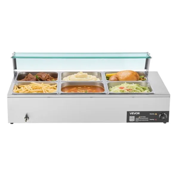 Madopvarmere>Buffetvarmer - Elektrisk Bain Marie Vandbad - 1500 W - Rustfrit Stål - Glaslåg - 6 x GN 1/2 Bakker - Til Catering