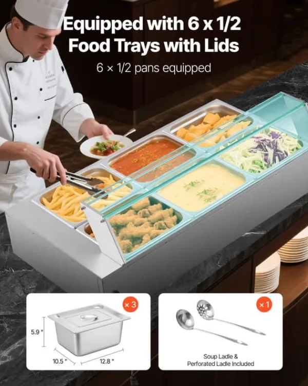 Madopvarmere>Buffetvarmer - Elektrisk Bain Marie Vandbad - 1500 W - Rustfrit Stål - Glaslåg - 6 x GN 1/2 Bakker - Til Catering