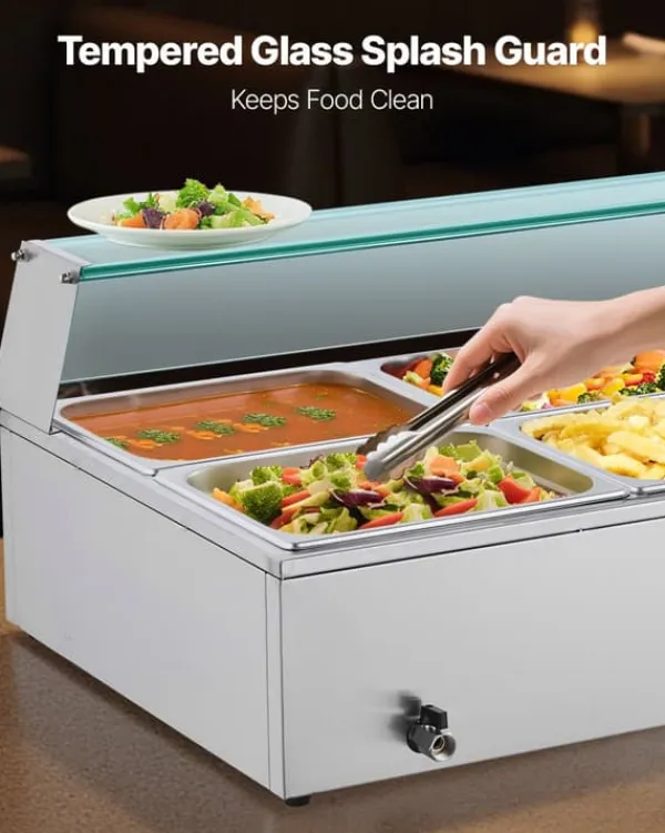 Madopvarmere>Buffetvarmer - Elektrisk Bain Marie Vandbad - 1500 W - Rustfrit Stål - Glaslåg - 6 x GN 1/2 Bakker - Til Catering