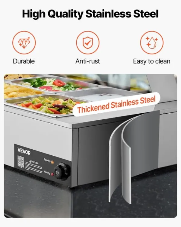 Madopvarmere>Buffetvarmer - Elektrisk Bain Marie Vandbad - 1500 W - Rustfrit Stål - Glaslåg - 6 x GN 1/2 Bakker - Til Catering
