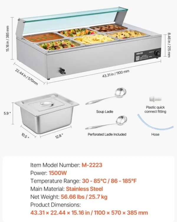 Madopvarmere>Buffetvarmer - Elektrisk Bain Marie Vandbad - 1500 W - Rustfrit Stål - Glaslåg - 6 x GN 1/2 Bakker - Til Catering