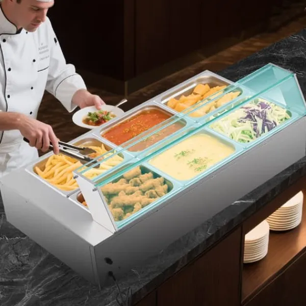 Madopvarmere>Buffetvarmer - Elektrisk Bain Marie Vandbad - 1500 W - Rustfrit Stål - Glaslåg - 6 x GN 1/2 Bakker - Til Catering