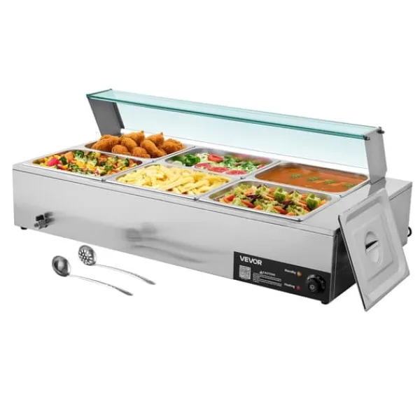 Madopvarmere>Buffetvarmer - Elektrisk Bain Marie Vandbad - 1500 W - Rustfrit Stål - Glaslåg - 6 x GN 1/2 Bakker - Til Catering