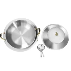 Buffetvarmer - Rund chafing dish - 3 L - Rustfrit stål med glaslåg - Bærehåndtag - Justerbar flamme - Ø 28 cm indsats, Ø 38 cm, H 23 cm - Lysegrå Discount