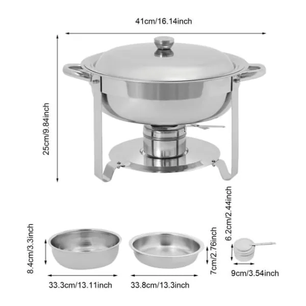 Buffetvarmer - Rund chafing dish - 4 stk 4,5 L/stk - Rustfrit stål - 41×25 cm - Let at rengøre - Sølv Sale