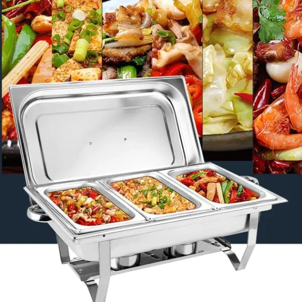 Tilbehør Til Madservering>Buffetvarmer Chafing Dish - Rektangulær Madvarmer - 3 Sektioner 3×3 L (9 L) - Rustfrit Stål - Til Catering & Buffet