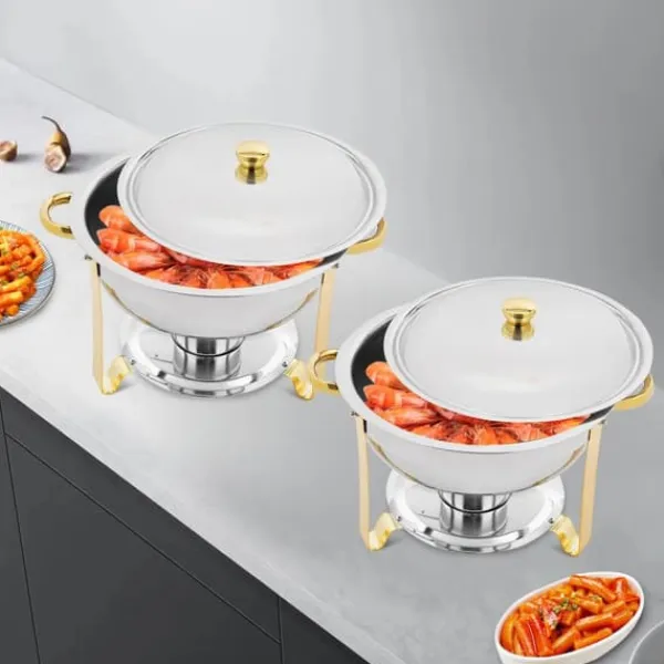 Madopvarmere>Buffetvarmer Chafing Dish Sæt - Rund Chafer 4,5 L - Sæt med 4 - Rustfrit Stål - Ø41×25 cm - Med Brænderholdere - Guld