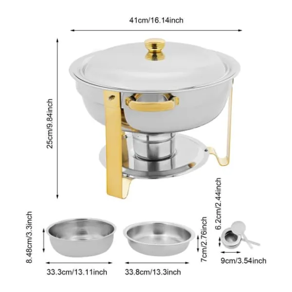 Madopvarmere>Buffetvarmer Chafing Dish Sæt - Rund Chafer 4,5 L - Sæt med 4 - Rustfrit Stål - Ø41×25 cm - Med Brænderholdere - Guld