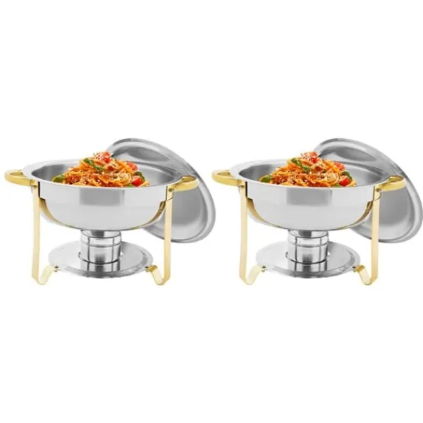 Madopvarmere>Buffetvarmer Chafing Dish Sæt - Rund Chafer 4,5 L - Sæt med 4 - Rustfrit Stål - Ø41×25 cm - Med Brænderholdere - Guld