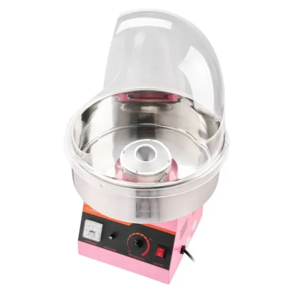 Candyfloss- og sukkerspindmaskine - Professionel - Elektrisk 1000 W - Med låg - Skål i rustfrit stål - Sukkerske inkl. - Lyserød Discount