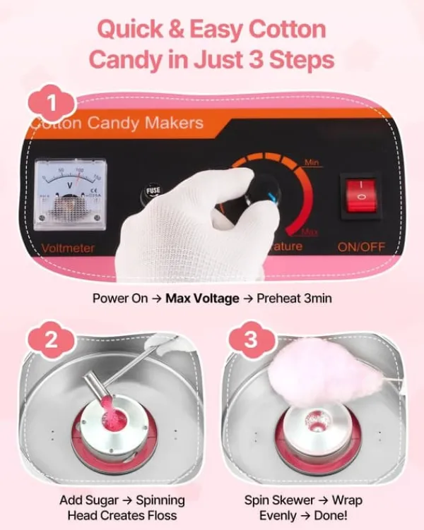 Candyfloss- og sukkerspindmaskine - Professionel - Elektrisk 1000 W - Med låg - Skål i rustfrit stål - Sukkerske inkl. - Lyserød Discount