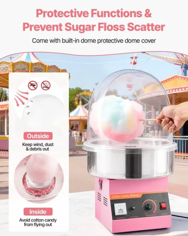 Candyfloss- og sukkerspindmaskine - Professionel - Elektrisk 1000 W - Med låg - Skål i rustfrit stål - Sukkerske inkl. - Lyserød Discount