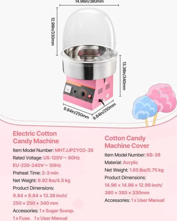 Candyfloss- og sukkerspindmaskine - Professionel - Elektrisk 1000 W - Med låg - Skål i rustfrit stål - Sukkerske inkl. - Lyserød Discount
