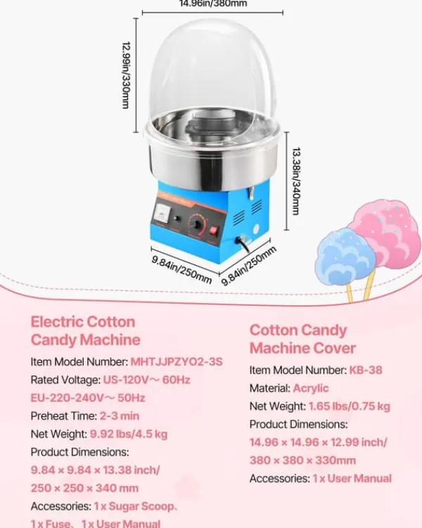 Maskiner Til Candyfloss>Candyflossmaskine - Elektrisk sukkerspindmaskine - 1000 W - Professionel - Låg - Skål i rustfrit stål - Sukkerske - Blå