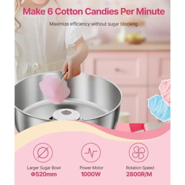 Candyflossmaskine med Vogn, Sukkerstivelsesmaskine 1000W, Professionel, Fest Klar Hot