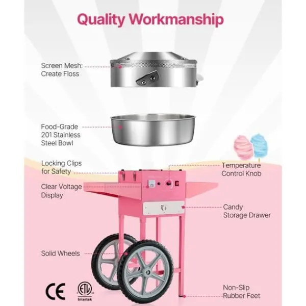 Candyflossmaskine med Vogn, Sukkerstivelsesmaskine 1000W, Professionel, Fest Klar Hot