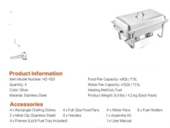 Chafing Dish, 8 Qt kapacitet, rustfrit stål konstruktion,4 pakker Clearance