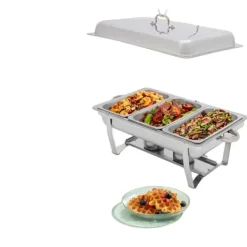 Chafing Dish, 410 rustfrit stål, 56 x 35,5 x 7,5 cm, 3 madpander, 3L kapacitet pr. pande, rektangulær form Hot