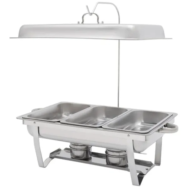 Chafing Dish, 410 rustfrit stål, 56 x 35,5 x 7,5 cm, 3 madpander, 3L kapacitet pr. pande, rektangulær form Hot