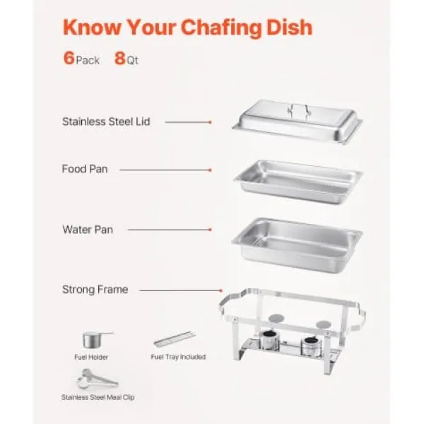 Madopvarmere>Chafing Dish Buffet Sæt, 8 Qt 6-pak, Rustfrit Stål, Sølv