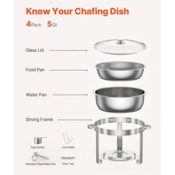 Madopvarmere>Chafing Dish Buffet Sæt, 4 stk 5 Qt rustfrit stål, sølv, catering varmer