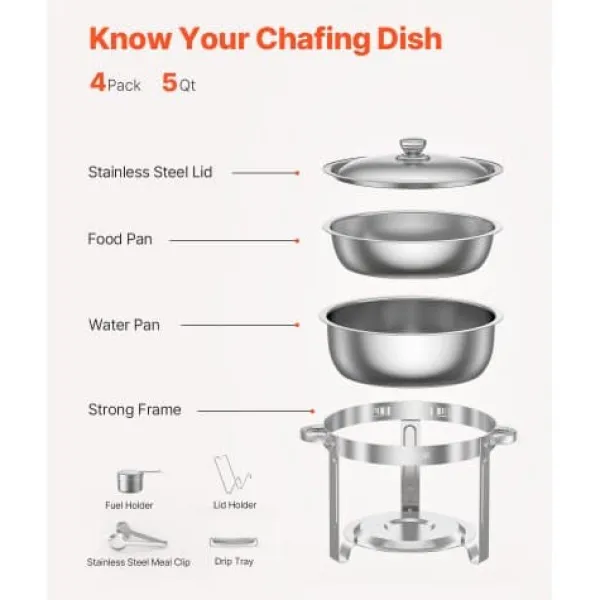 Madopvarmere>Chafing Dish Buffet Sæt, 4 stk, 5 qt, Rustfrit Stål, Sølv, Catering Varmer