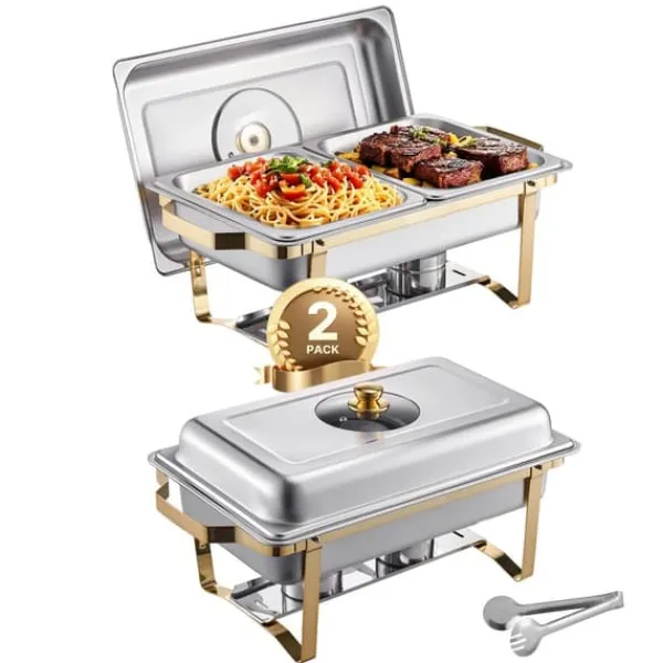 Tilbehør Til Madservering>Chafing Dish Buffet Sæt, Foldestativ Brændstofholder, Glaslåg Vandpande,2 pakke