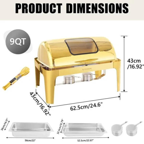 Chafing Dish Buffet Sæt, 5QT-9QT Kapacitet, Rustfrit Stål Materiale,Guld 9 QT Best