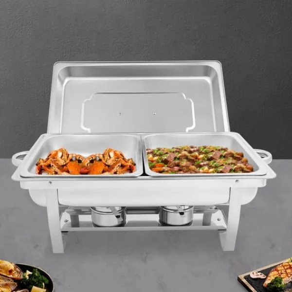 Tilbehør Til Madservering>Chafing Dish Buffetsæt - 2-bakke Madvarmer/Servering - Rustfrit Stål - Til Catering, Bryllupper & Events - Sølv