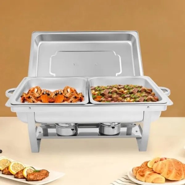 Tilbehør Til Madservering>Chafing Dish Buffetsæt - 2-bakke Madvarmer/Servering - Rustfrit Stål - Til Catering, Bryllupper & Events - Sølv