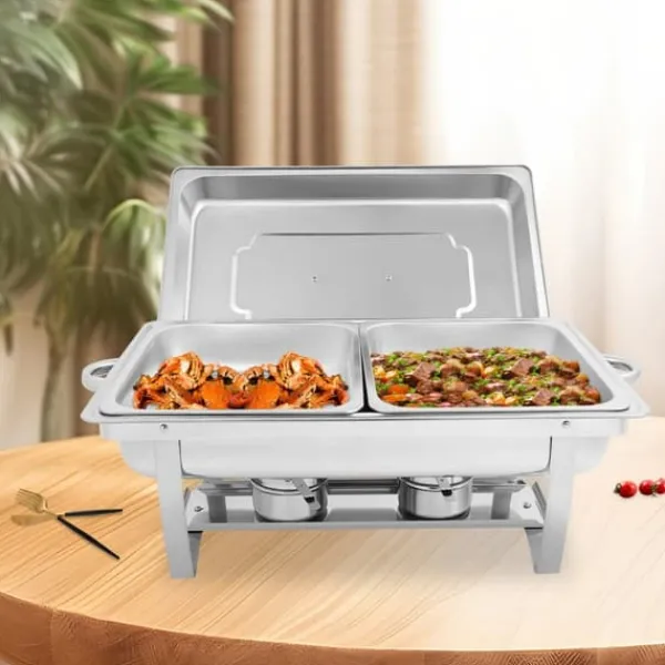 Tilbehør Til Madservering>Chafing Dish Buffetsæt - 2-bakke Madvarmer/Servering - Rustfrit Stål - Til Catering, Bryllupper & Events - Sølv