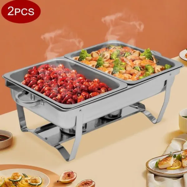 Madopvarmere>Chafing Dish Buffetsæt - Rektangulær Madvarmer - 2-pak - Rustfrit Stål - Til Catering - Sølv