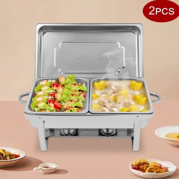 Madopvarmere>Chafing Dish Buffetsæt - Rektangulær Madvarmer - 2-pak - Rustfrit Stål - Til Catering - Sølv