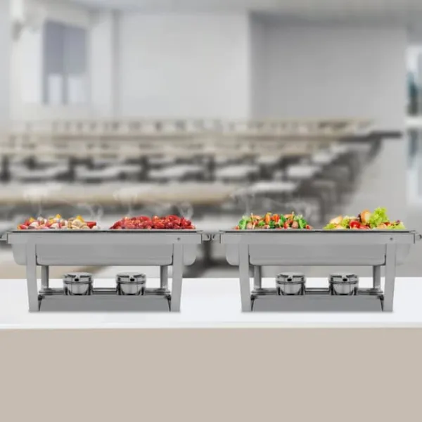 Madopvarmere>Chafing Dish Buffetsæt - Rektangulær Madvarmer - 2-pak - Rustfrit Stål - Til Catering - Sølv