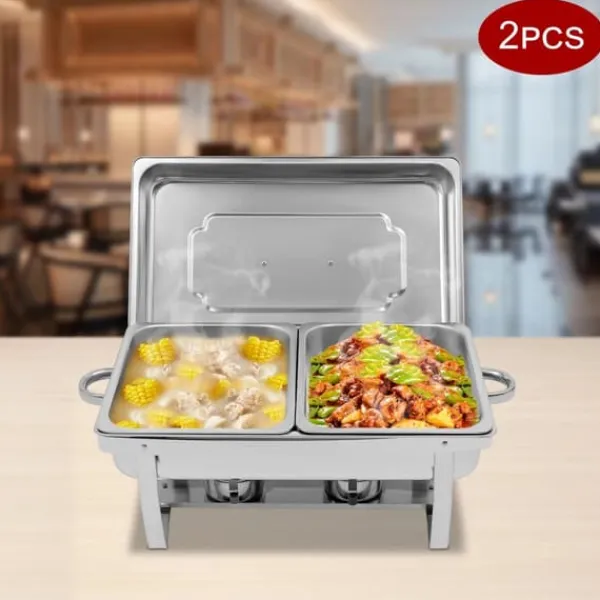 Madopvarmere>Chafing Dish Buffetsæt - Rektangulær Madvarmer - 2-pak - Rustfrit Stål - Til Catering - Sølv