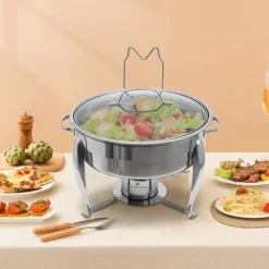 Chafing Dish Buffetvarmer - Rund Spiritusopvarmet - 6 l - Glaslåg - Rustfrit Stål - Til Buffet & Fest Discount